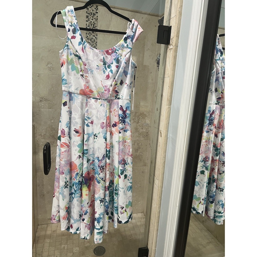 CALVIN KLEIN White Floral Garden Party Dress 10 NWT Midi Tea Flowy Flare Social